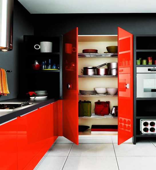 Kitchen-with-black-walls-and-red-furniture